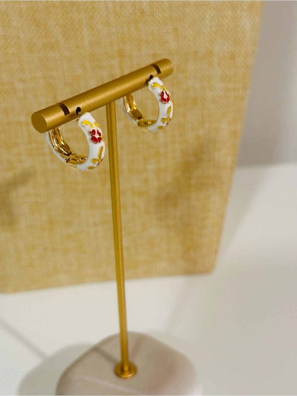 Fashion Jewelry White Enamel Hoop Earrings with Red Floral and Gold Accents